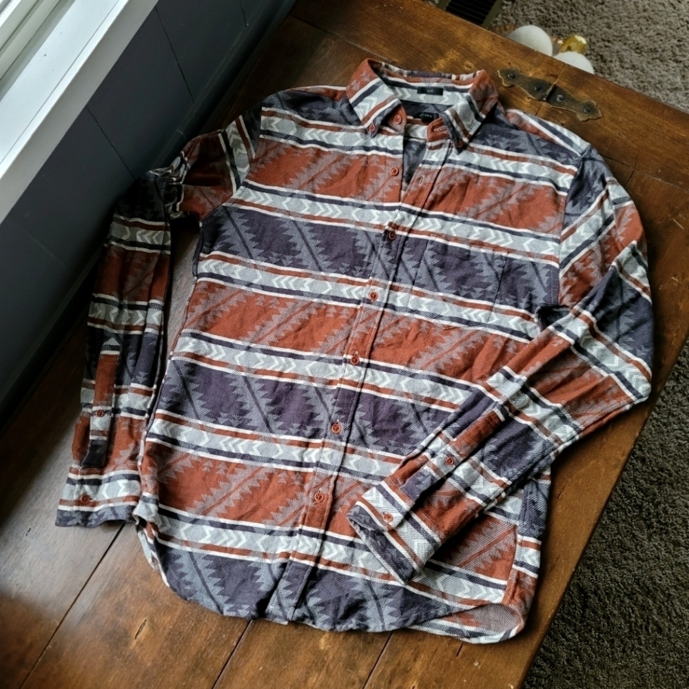 J Crew Southwestern Aztec Tribal Cotton Button Down Slim Fit sz M Brown Gray